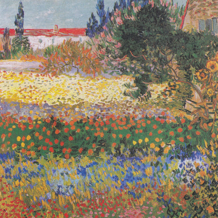 A fabric panel featuring a digital print of Vincent Van Gogh's 'Flowering Garden With Path' painting, with vibrant colors and floral patterns.
