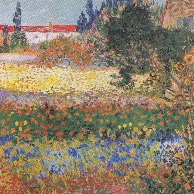 A fabric panel featuring a digital print of Vincent Van Gogh's 'Flowering Garden With Path' painting, with vibrant colors and floral patterns.