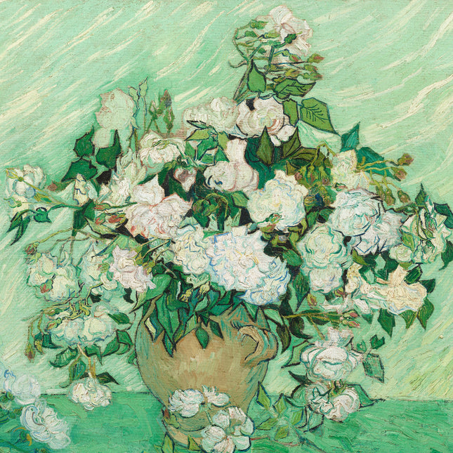 A fabric panel featuring a digitally printed design of a vase with roses, in the style of Vincent Van Gogh's artwork.