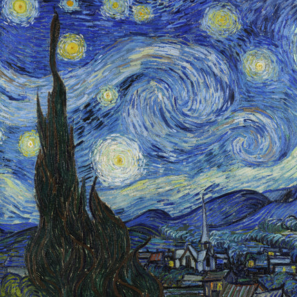 A fabric panel featuring a quilted and digitally printed reproduction of Vincent Van Gogh's 'Starry Night' painting.