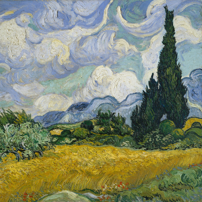 A fabric panel featuring a reproduction of Vincent Van Gogh's painting 'Wheatfield With Cypresses', showing a landscape with a wheat field and cypress trees.