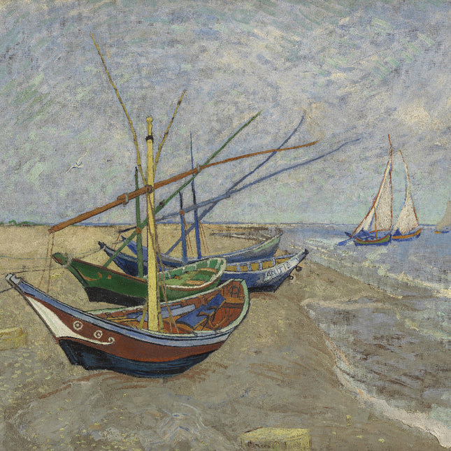 A fabric panel featuring a digital print of Vincent Van Gogh's painting 'Fishing Boats' with boats on a beach.