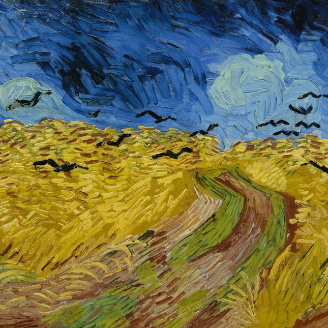 A digitally printed 100% cotton fabric panel featuring a reproduction of Vincent Van Gogh's painting 'Wheatfield With Crows'.