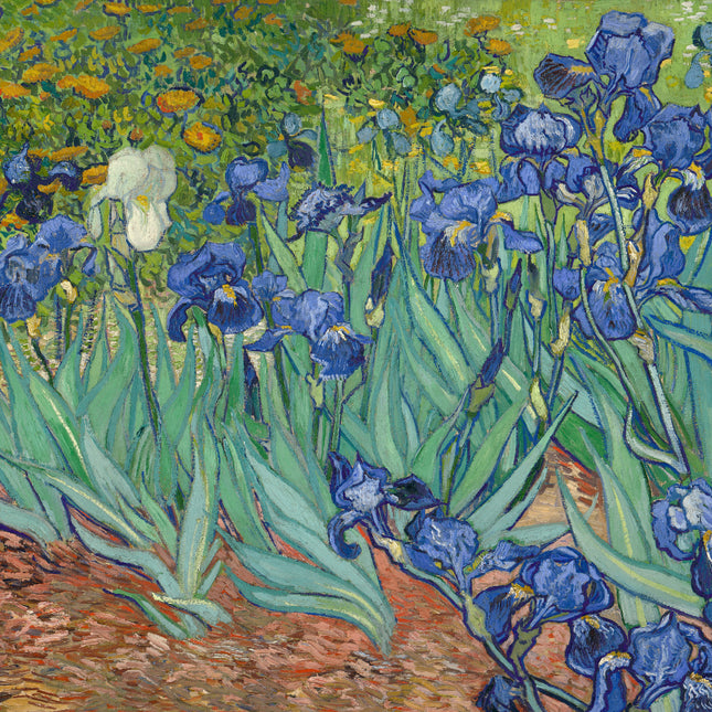 A fabric panel featuring a digital print of Vincent Van Gogh's painting 'Irises', with iridescent flowers and green foliage.