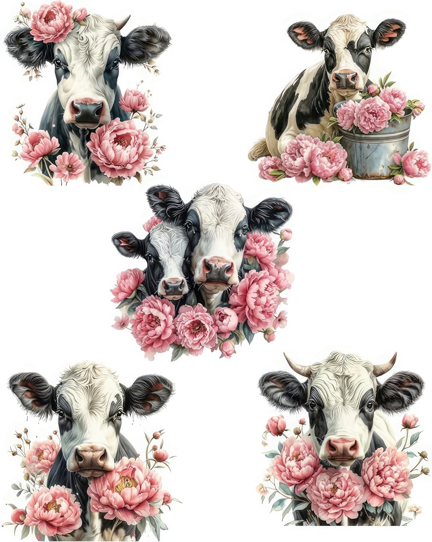 5 Piece 4"x4" Floral Cows 100% Cotton Fabric Panel Squares | Quilting Sewing Blocks