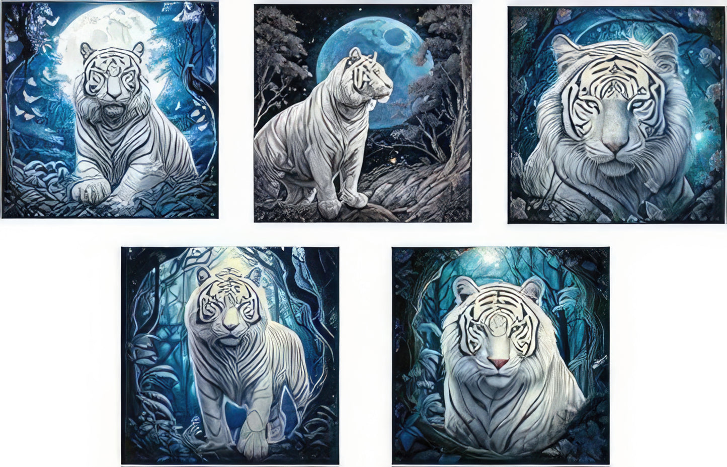 5 Piece 6"x6" White Tigers 100% Cotton Fabric Panel Squares | Quilting Sewing Blocks