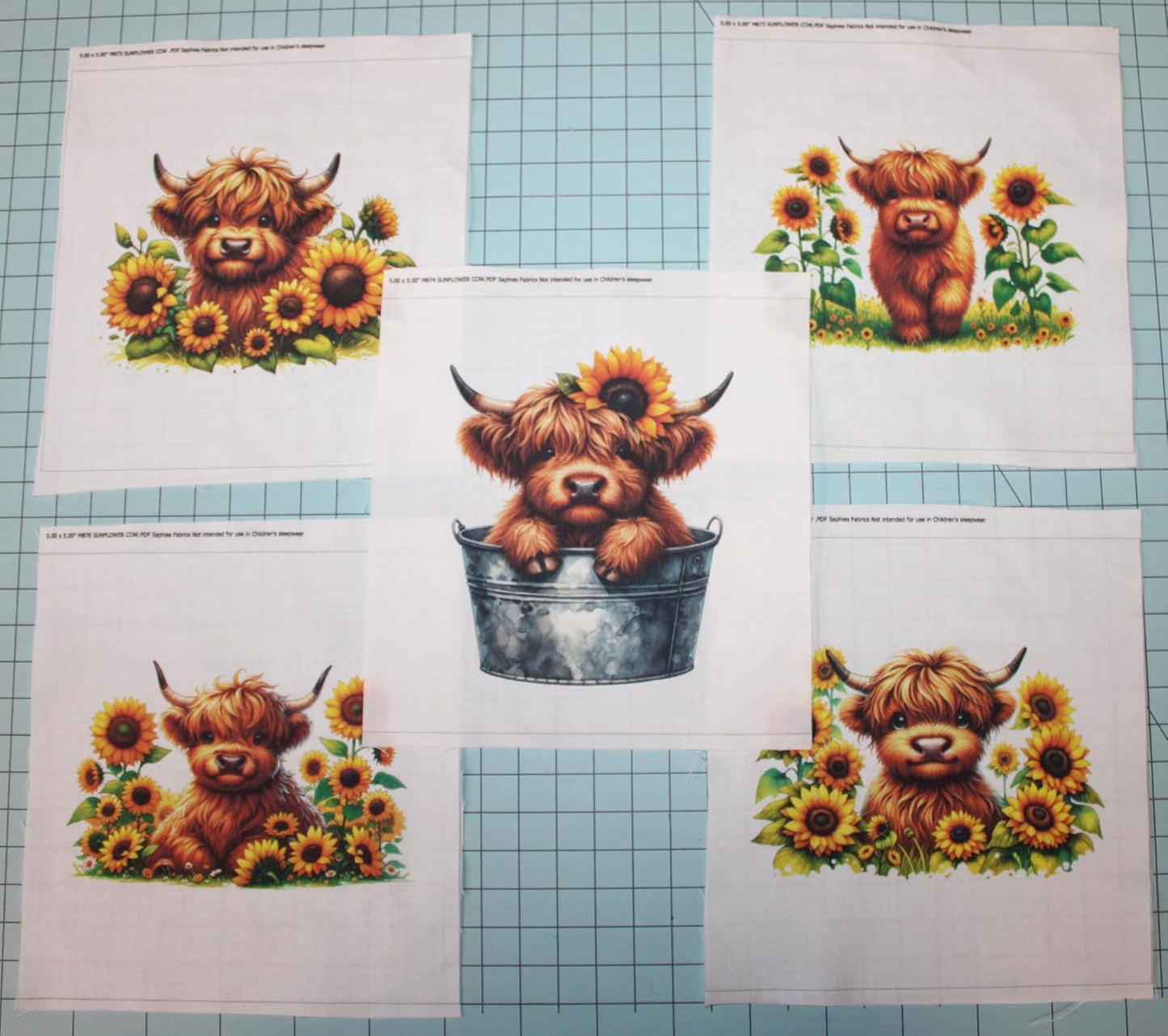 5 Piece 4"x4" Sunflower Cows 100% Cotton Fabric Panel Squares | Quilting Sewing Blocks