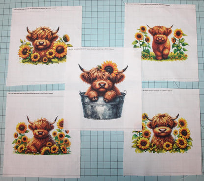 5 Piece 4"x4" Sunflower Cows 100% Cotton Fabric Panel Squares | Quilting Sewing Blocks