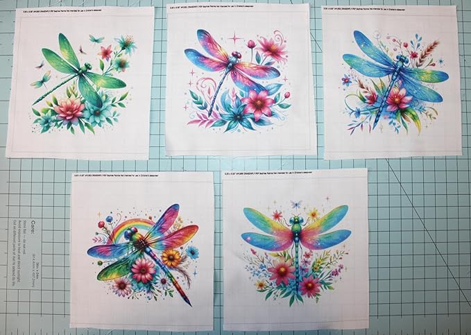 5 Piece 4"x4" Dragonflies 100% Cotton Fabric Panel Squares | Quilting Sewing Blocks