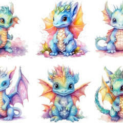 A set of six colorful fabric panels featuring quilted dragon designs, each with a different dragon design.