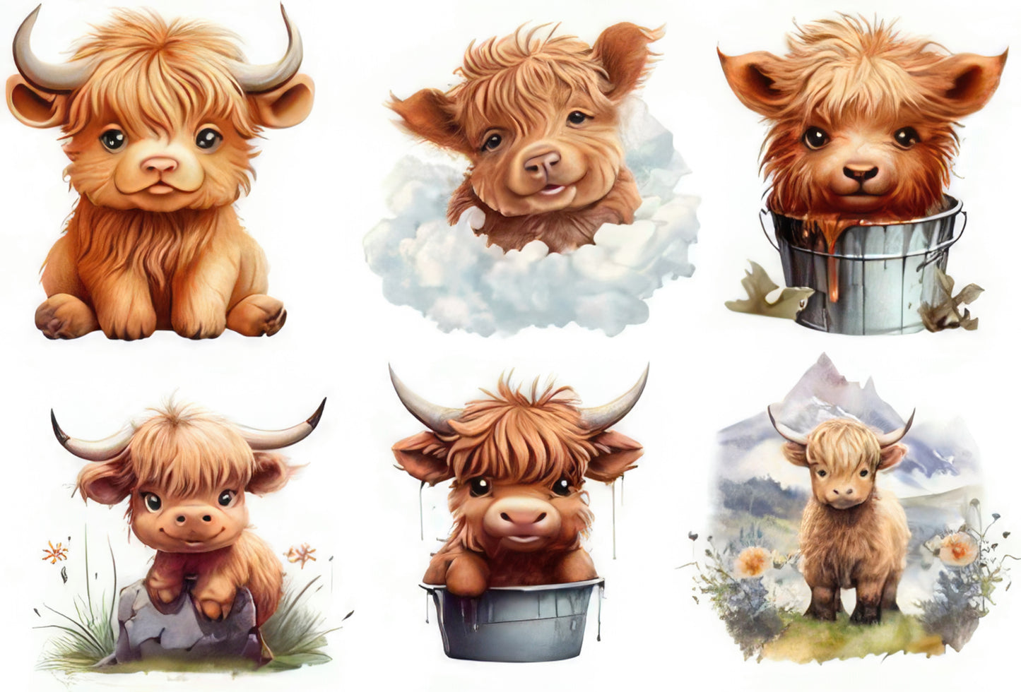 6 Piece 4"x4" Baby Highland Cows 100% Cotton Fabric Panel Squares | Quilting Sewing Blocks