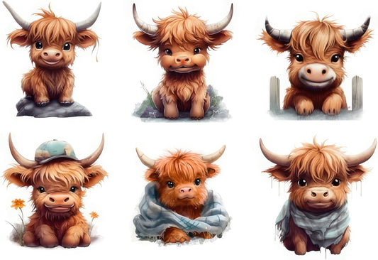 6 Piece 3"x3" Baby Highland Cows 100% Cotton Fabric Panel Squares | Quilting Sewing Blocks