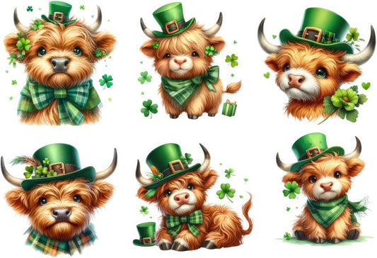 6 Piece 3"x3" St Patrick's Highland Cows 100% Cotton Fabric Panel Squares | Quilting Sewing Blocks