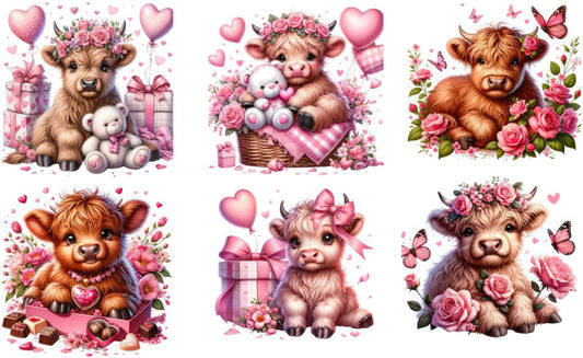 6 Piece 3"x3" Valentine Highland Cows 100% Cotton Fabric Panel Squares | Quilting Sewing Blocks