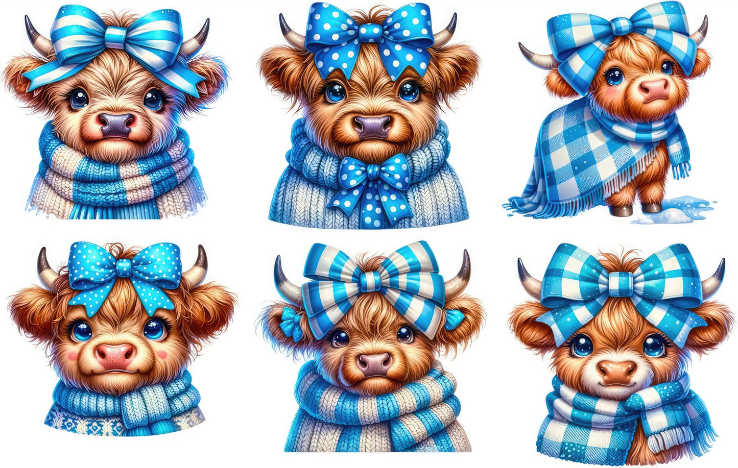 6 Piece 6"x6" Winter Highland Cows 100% Cotton Fabric Panel Squares | Quilting Sewing Blocks