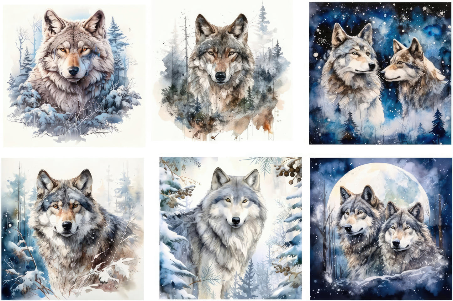 6 Piece 4"x4" Winter Wolves 100% Cotton Fabric Panel Squares | Quilting Sewing Blocks