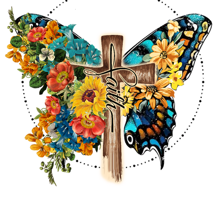 A fabric panel featuring a floral and butterfly on cross