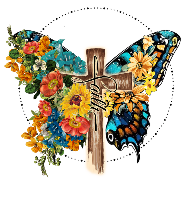 A fabric panel featuring a floral and butterfly on cross