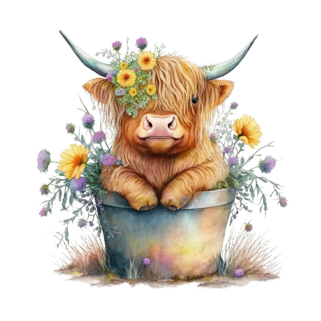 A digitally printed 100% cotton fabric panel featuring a cute highland cow with flowers in a pot.