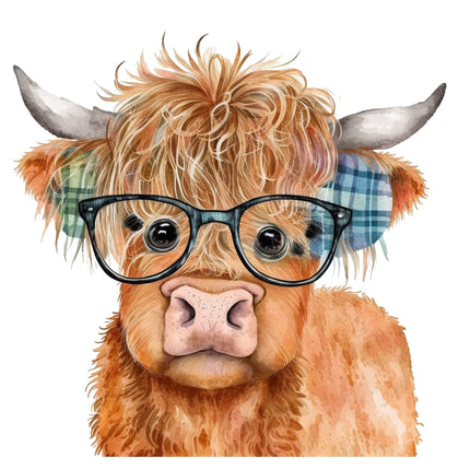 A digitally printed 100% cotton fabric panel featuring a Highland cow with glasses.