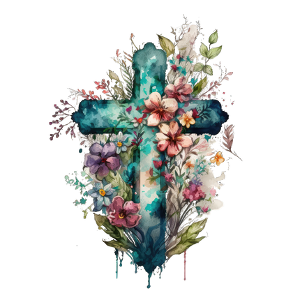 A floral cross design digitally printed on a cotton fabric panel, featuring various colors of flowers and leaves on a blue background.