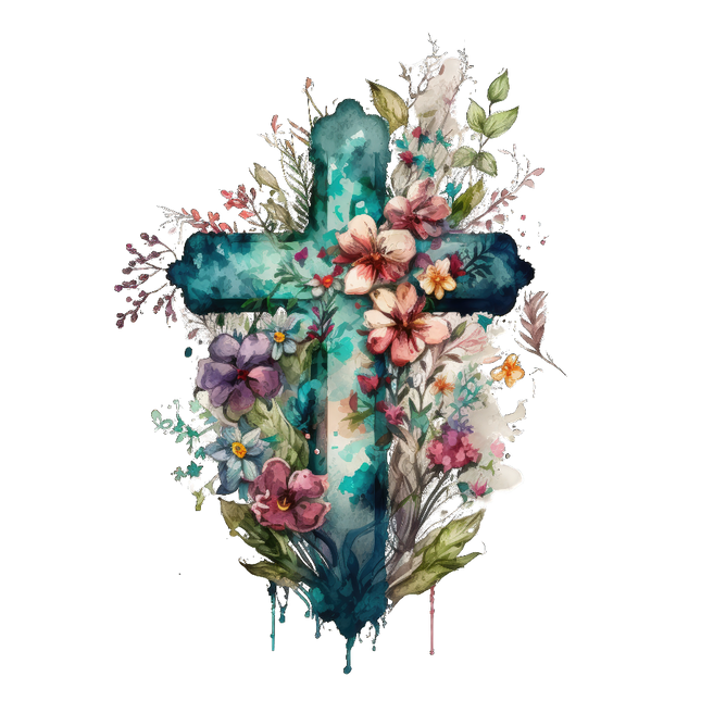 A floral cross design digitally printed on a cotton fabric panel, featuring various colors of flowers and leaves on a blue background.