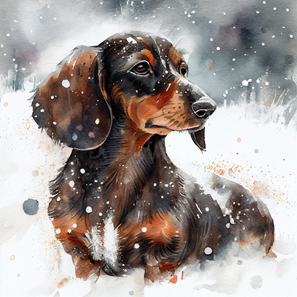 Watercolor painting of a dachshund dog with a snowy background fabric panel