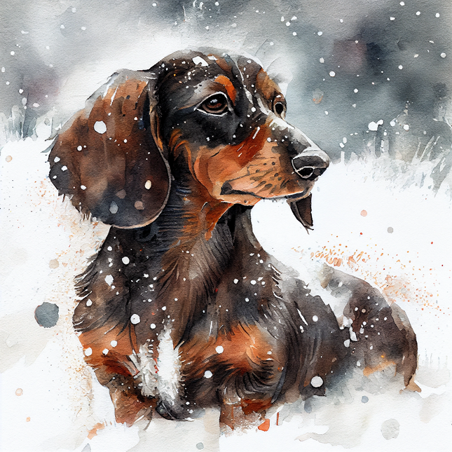 Watercolor painting of a dachshund dog with a snowy background fabric panel