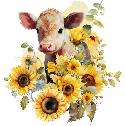 A fabric panel featuring an image of a cow with sunflowers and leaves.