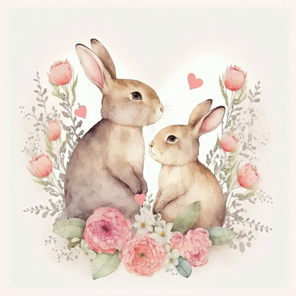 Two rabbits surrounded by flowers and hearts fabric panel