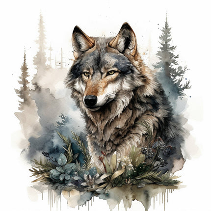 A digitally printed 100% cotton fabric panel featuring a realistic image of a wolf with a forest and floral background.