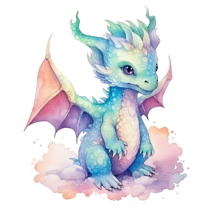 A digitally printed 100% cotton fabric panel featuring a quilt block with a baby dragon design.