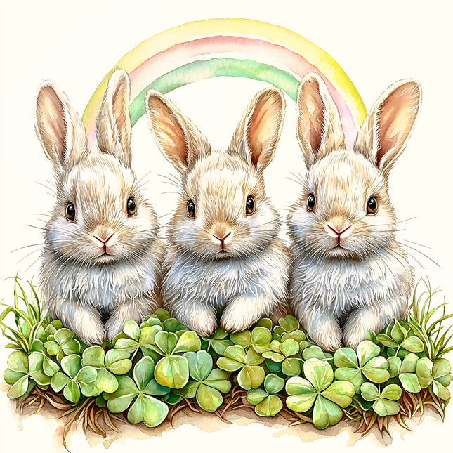 Three rabbits sitting together with a rainbow and clover leaves quilt panel