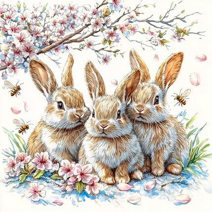 Three rabbits sitting together with cherry blossoms fabric panel