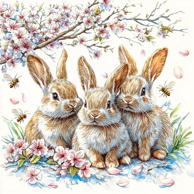 Three rabbits sitting together with cherry blossoms fabric panel