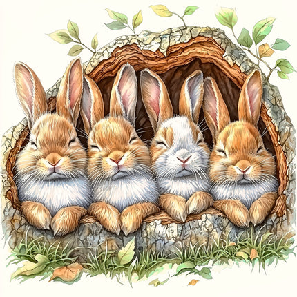 Four rabbits peeking out from a stone hole with leaves and grass around quilt panel