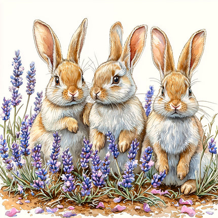 Three rabbits standing together with lavender flowers fabric panel