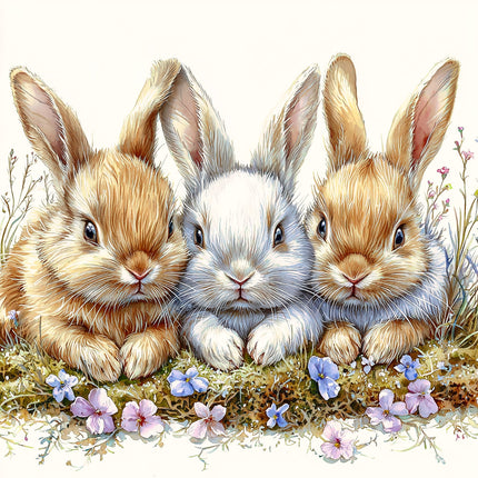 Three rabbits sitting together on a grassy patch with flowers fabric panel
