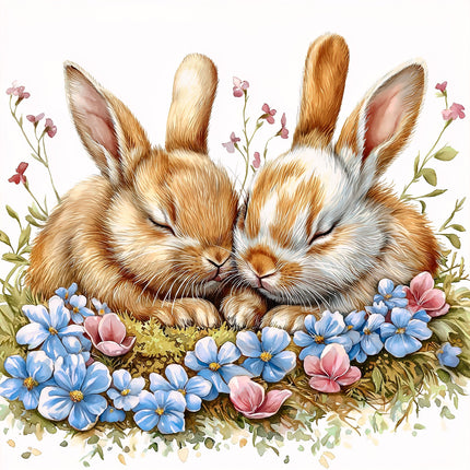 Two sleeping bunnies surrounded by flowers quilt panel