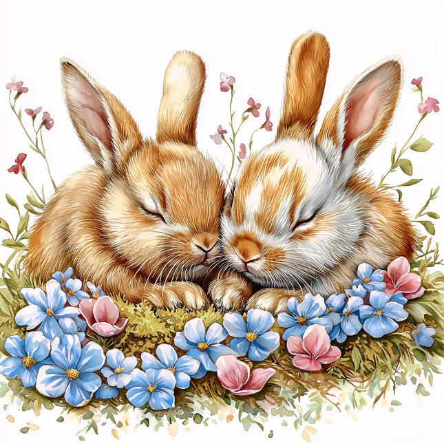 Two sleeping bunnies surrounded by flowers quilt panel