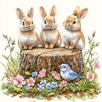 Three rabbits sitting on a log with a bird and flowers quilt panel
