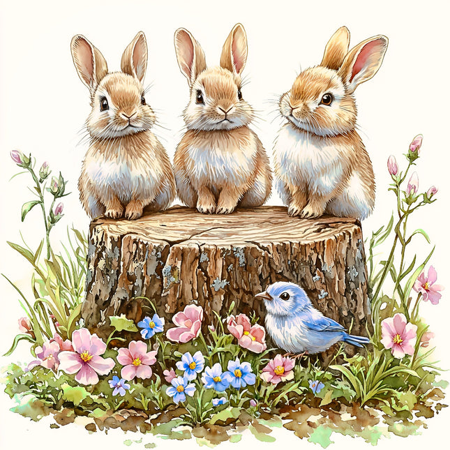 Three rabbits sitting on a log with a bird and flowers quilt panel