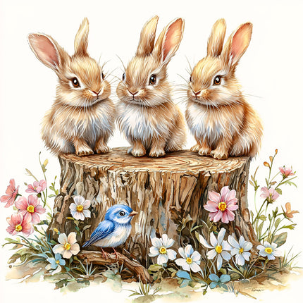 Three rabbits sitting on a tree stump with flowers quilt panel