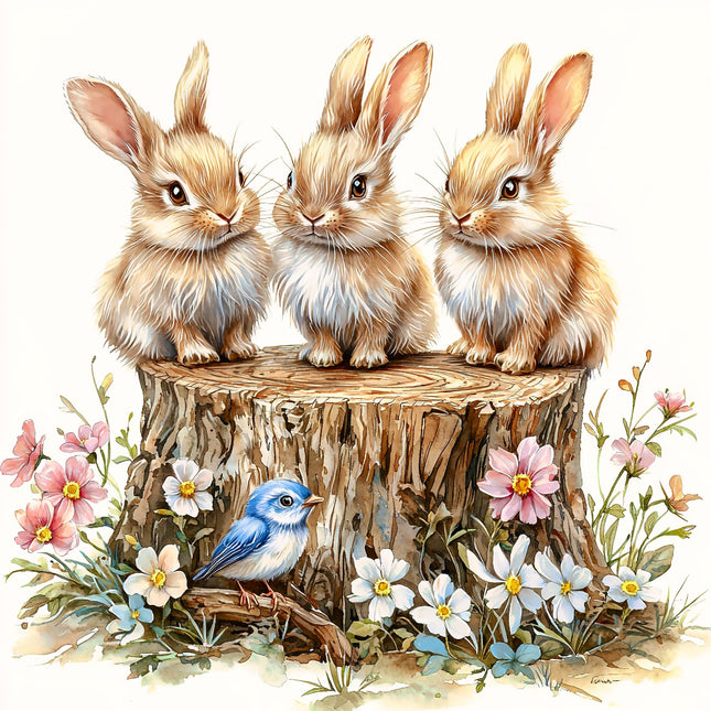 Three rabbits sitting on a tree stump with flowers quilt panel