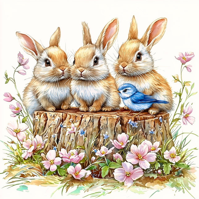 Three rabbits with a blue bird on a wooden stump surrounded by flowers and plants quilt panel