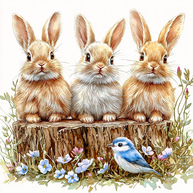 Three rabbits sitting on a log with a small bird and flowers fabric panel