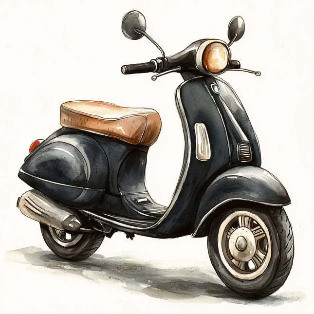 Black Scooter Moped 100% Cotton Fabric Panel Block AA1022