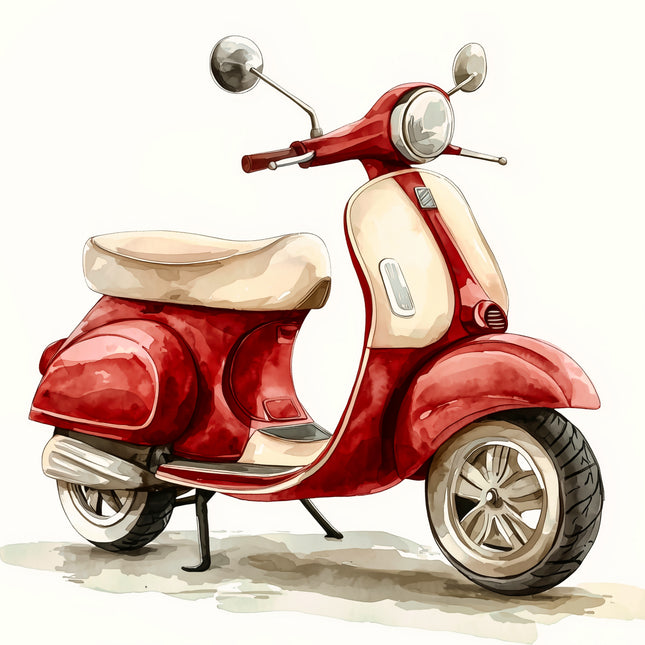 Red Scooter Moped 100% Cotton Fabric Panel Block AA1029