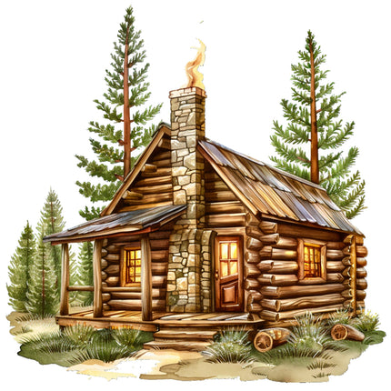 Log cabin with stone chimney surrounded by trees fabric panel