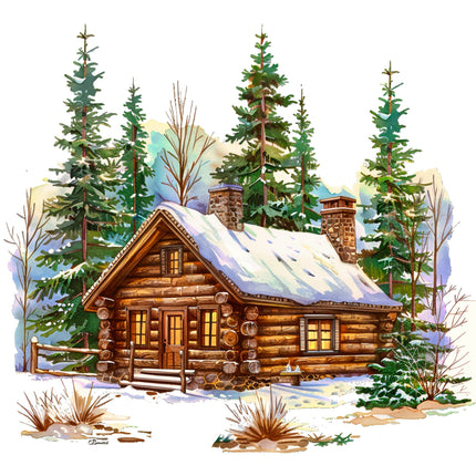 Wooden cabin in a snowy forest with evergreen trees fabric panel